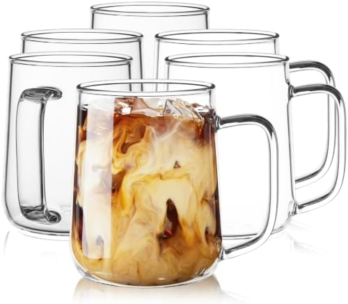 Large Glass Coffee Mugs, 24 oz Glass Coffee Cups Set of 6, Clear Borosilicate Glass Mugs with Handles for Cappuccino, Tea, Latte, Hot/Cold Beverages, Wine, Americano, Smoothies by Unknown