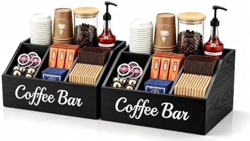 2 Pack Coffee Station Organizer for Countertop – Wooden Coffee Bar Organizer with Adjustable Dividers,Holds K Cup Pod & syrup bottles, for Kitchen, Office, or Bar and Tea Station, Black by Unknown