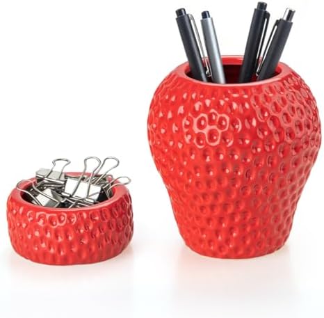 Strawberry Ceramic Pen Holder & Paper Clip Tray Set of 2 by Unknown