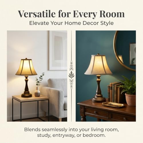 Traditional Table Lamp, Brown Vintage Desk Lamp with Fabric Shade - Image 5
