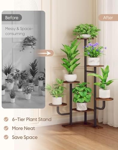 Homsorout Corner Plant Stand Indoor - 6 Tiered Indoor Plant Stand Round Metal Plant Shelf, Plant Organizer for Living Room, Graden, Balcony, Home Decor, Brown - Image 5