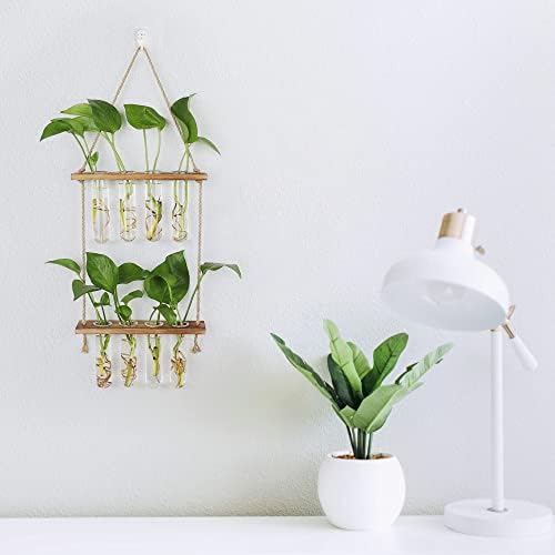 Hyindoor Wall Hanging Planter Terrarium 2 Tired Test Tube Vase Glass Planter Plant Propagation Station Plant Hangers of Rope with Wooden Stand and 8 Tubes for Hydroponic Plant Cutting - Image 6