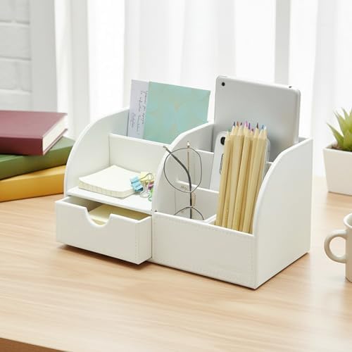 UnionBasic Desk Organizer - Multifunctional Leather Desktop Pen Holder Storage Box - Business Card/Pen/Pencil/Mobile Phone/Stationery Holder, White - Image 5
