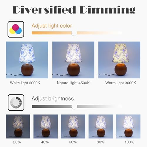 Vintage Wooden Night Lamp, Wood Base Fabric Lampshade, Adjustable Light Color and Brightness with Power-Off Memory, Safe USB Powered, Retro LED Table Light for Bedroom Living Room Office (BlueFlowers) - Image 3