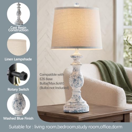 PARTPHONER Traditional Table Lamp Set of 2, Rustic Farmhouse Table Lamps for Living Room Bedroom, 27" Bedside Desk Lamps Vintage Nightstand Lamps with Linen Shades, Washed Blue - Image 4