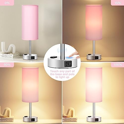 Fenmzee Pink Bedside Lamp for Bedroom, Dimmable Touch, USB A+C, AC Outlet - Image 2