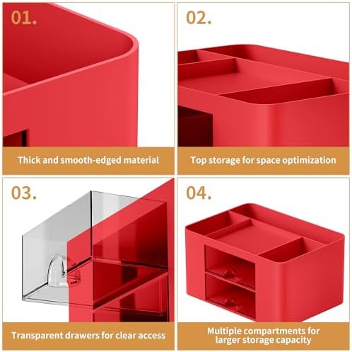 Marbrasse Pen Organizer with 2 Drawer, Multi-Functional Pencil Holder for Desk, Desk Organizers and Accessories with 5 Compartments + Drawer for Office Art Supplies (Red) - Image 6