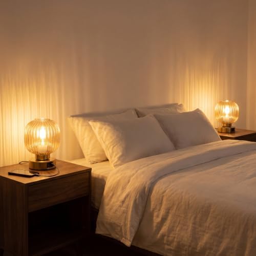 Elenhome Touch Table Lamp Set of 2, 3-Way Dimmable with Glass Shade, USB-C+A Charging Ports, Mid-Century Modern Small Bedside Lamps for Nightstand, Bedroom, and Living Room, LED Bulb Included (Amber) - Image 5