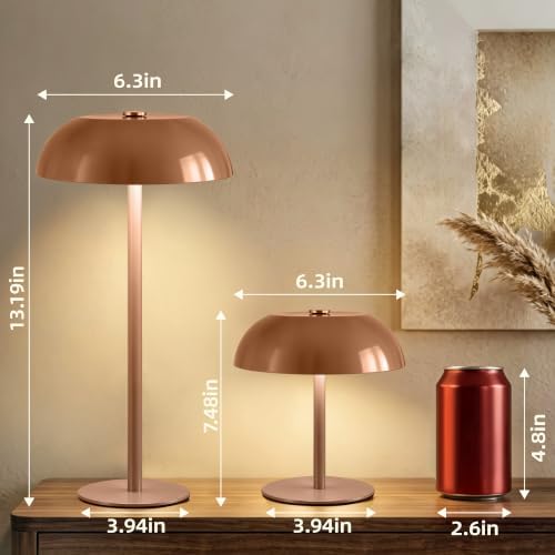 2 Pack Portable LED Mushroom Table Lamp, 12H Cordless Metal Night Light with Rechargeable Battery, Stepless Dimmable 3 Colors Desk Lamp for Bedroom Bar Coffee Shop(Camel) - Image 5