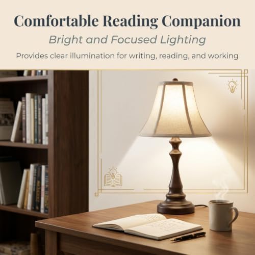 Traditional Table Lamp, Brown Vintage Desk Lamp with Fabric Shade - Image 3