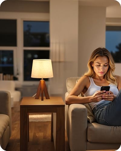 Tripod Table Lamp, 14.6 Inch Small Bedside Lamp with Beige Linen Shade, Modern Nightstand Lamp for Bedroom, Kids Room, Living Room, Nursery, Office, E26 Socket, Dark Wood Base, LE51TL05 - Image 5