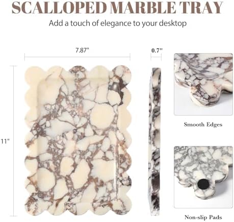 Koville Luxury Calacatta Viola Marble Tray, 11"x8" Scalloped Marble Vanity Tray for Countertop Bathroom Kitchen Dresser, Natural Stone Tray for Jewelry Perfume Home Decor, Decorative Catchall Tray - Image 2