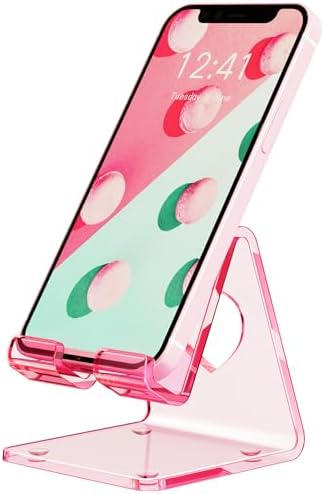 Crpich Acrylic Cell Phone Stand, Portable Phone Holder, Clear Pink Phone Stand for Desk, Compatible with Phone16 15 14 13 12 11 Pro Max SE, Switch, Android Smartphone, Pad, Tablet, Desk Accessories by Crpich