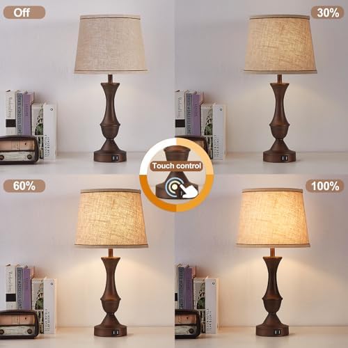 Luvkczc Touch Table Lamps Set of 2, 22" Tall Bedside Lamps with USB C+A Ports, Dimmable Table Lamp, Nightstand Lamps for Bedroom, Living Room, Office, Brown Lamps with Beige Lampshade, Bulbs Included - Image 2