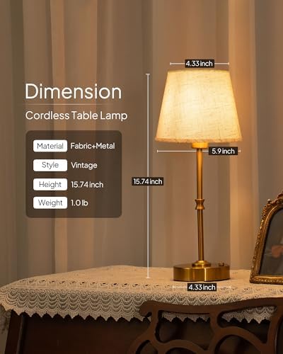 EppieBasic Cordless Table Lamp Rechargeable: Fast Charging & Long Lasting - 2700K Warm Light Small Vintage Gold Side Table Lamps - Dinning Living Room Bedroom - Linen Shade - Image 7