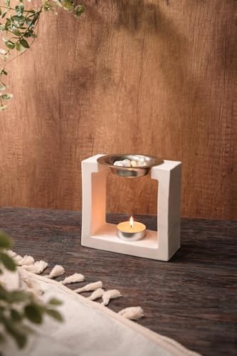 Minimalist Square Frame Wax Melt Burner, White Ceramic Tea Light Candle Holder with Removable Metal Dish by Unknown