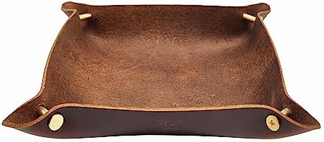 Leather Valet Tray Entryway Catchcall Tray Nightstand Organizer Storage for Wallets Watches Keys Holder Dish Bowl Coins Office Desk Accessory (Antique Brown-Oil Wax Leather). - Image 5