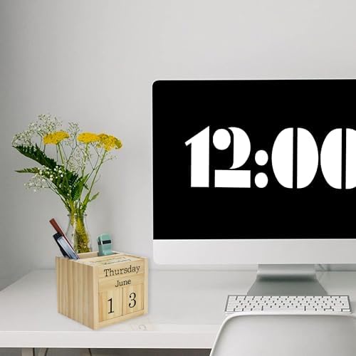 EXQUIDECA Natural Pine Wood Desk Blocks Perpetual Calendar with Pen Holder - Image 2
