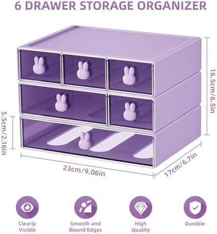 Marbrasse Desk Organizer with 6 Drawers, 3 Tier Stackable Storage Drawers Plastic Makeup Storage, Office Organizers and Storage, Desk Storage Box for Office, School, Home Purple - Image 2