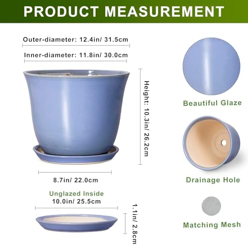 12 Inch Pots for Plants, Ceramic Planter with Saucer, Purple-Blue - Image 2