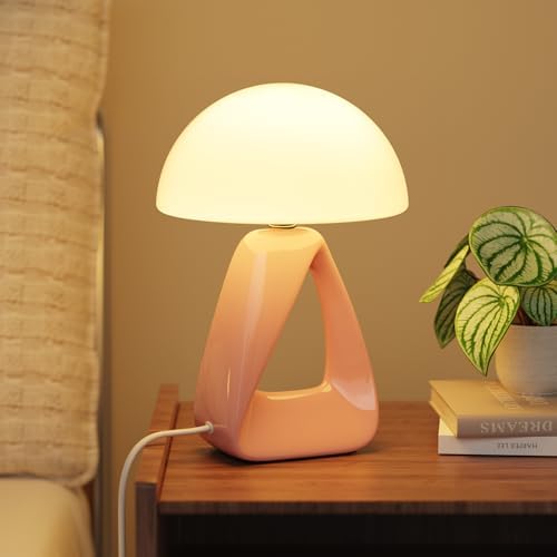 Mushroom Lamp, Small Table Lamp for Bedroom, Creative Geometric Ceramic Base Bedside Lamp, Mid Century Modern Side Table Lamp for Living Room Nightstand, Unique Aesthetic Home Decor Gift Ideas, Pink by Unknown
