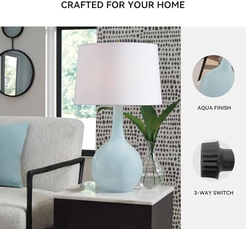 Signature Design by Ashley Rylanton Table Lamp, Tall 28.5 Inch Coastal Accent Light, Glass and Fabric Construction, Ideal for Living Room and Bedroom, Aqua Finish - Image 4