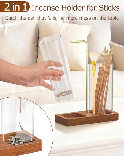 2 in 1 Incense Holder with Glass Jars, Large Incense Holder for Sticks, Upside Down Incense Burner with Ash Catcher & Storage for Meditation Yoga Spa Home Decor - 20 Incense Sticks & Brush - Image 3