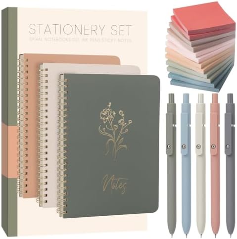 Cute Spiral Notebook Set For Women, Bible Journal Set, 3 Pack A5 Spiral Notebook + 5 PCS Gel Pens + 600 Sticky Notes + Gift Box, Aesthetic Gift Set for Work Students School Office Supplies by ALKALO