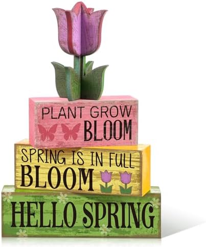 Moucuny 4 Pcs Spring Wood Block Signs Tiered Tray Decor Farmhouse Table by Moucuny