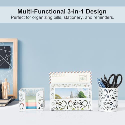 EasyPAG Desk Organizers and Accessories 3 Pieces Office Organizer Set - Pen Holder for Desk, Mail Sorter Countertop and Sticky Note Holder, White - Image 2