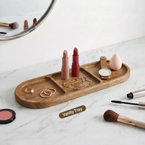 Small Wooden Tray | Acacia Wood Tray for Vanity, Bathroom Counter, Coffee Table & Toilet | Perfect for Jewelry, Key & Catch All | Mini Charcuterie Board Serving Platter (Oval 3-Compartment) - Image 6