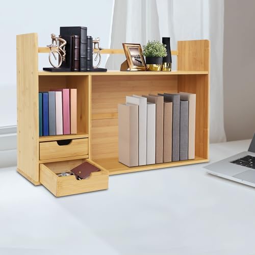 Bamboo Desktop Bookshelf with 2 Drawers, Small Bookcase for Students Study, Tow Shelves Office Desk Bookshelf Organizer, Books Paper Sorter Shelf on Desk - Image 5