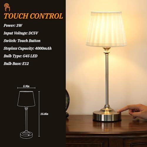 Kakanuo Cordless Table Lamp Rechargeable Silver - 1 Pack 4000mAH Battery Operated Lamp for Decor, 3000K Stepless Dimming Touch Control Wireless Lamp for Bedroom, Dining Table, Counter, Living Room - Image 4