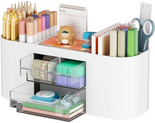 Marbrasse Desk Organizer Pen Holder for Desk with 3 Drawers, Multi-Functional Pencil Holder, Desk Organizers and Accessories with 7 Compartments for Home, School, Classroom(White) by Marbrasse
