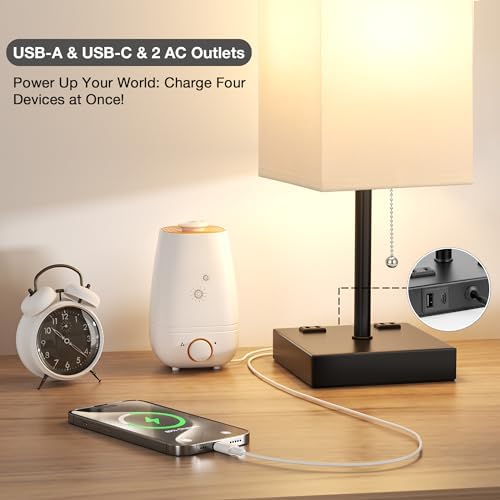 aooshine 17.4" White Bedside Table Lamp for Bedroom - USB C+A, 2 AC Outlets - Image 4