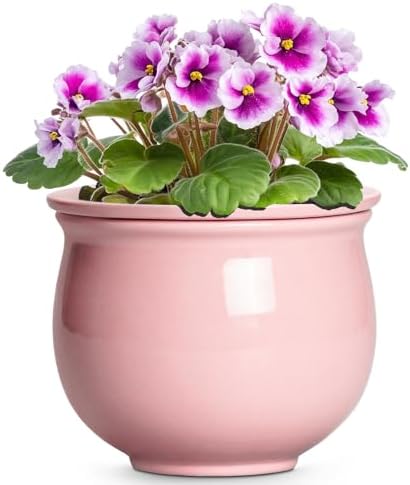 African Violet Pots, 6 Inch Ceramic Easy Self Watering Pots with Absorbent Inner Pot, Round Ceramic Planter for Indoor Plants, Small Flower Pot, Home Decor, Gifts for Plant Lovers, Pink by Teagas