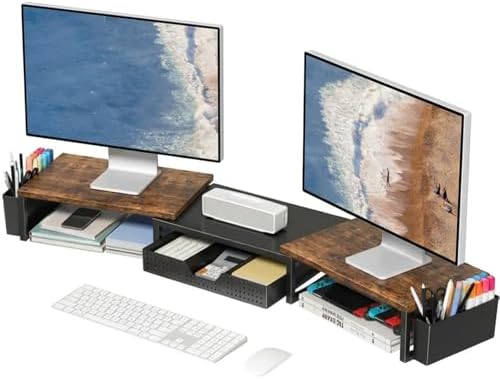 OPNICE Desk Organizers and Accessories, Dual Monitor Stand Riser with Drawer and 2 Pen Holders, Desk Shelf Printer Stand for Office Workspace Organizers, Desktop Organization (Rustic Brown) by OPNICE