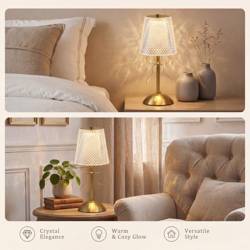 Liliful 2 Pcs Cordless Table Lamp LED Touch, Gold, Crystal Cut Style Bow - Image 6