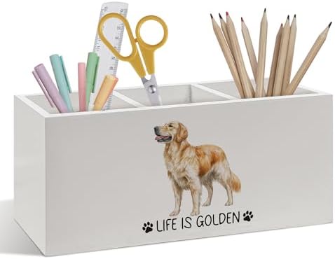 Golden Retriever Gifts Pen Pencil Holder, Dog Lover Gifts for Christmas Dog Lovers Women Girls, Inspirational Life Is Golden Wooden Pen Pencil Organizer for Home Office Bathroom Desk Decor by Foyoulame