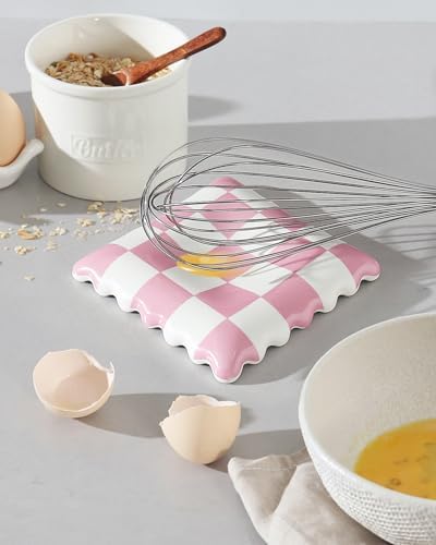 Ceramic Spoon Rest, Pink Checkered Spoon Rest for Stove Top, Large Spoon Holder, Spoon Rest for Kitchen Counter, Coffee Accessories for Housewarming& Coffee Station - Image 4