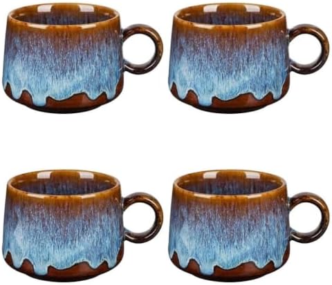 Japanese Tea Cups Set of 4pcs, 7oz Elegant Ceramic Matcha Cups with Flat Base, Darker Coffee Mugs,teacup with handle Microwave & Dishwasher Safe Navy blue by Unknown