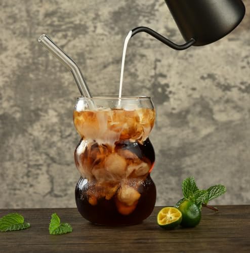 ALINK 16 oz Large Ribbed Glassware Drinking Glasses with Straws Set of 4, Crystal Vintage Glassware Iced Coffee Cups, Cocktail Glass Cups for Beer, Whiskey, Soda, Water, Tea, Milk,Juice - Image 4