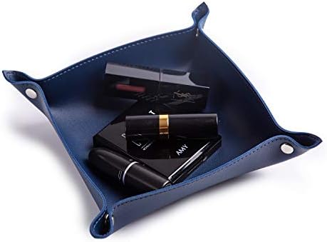 Leather Jewelry Valet Tray for Women and Man, Portable Entryway Table Tray Bedside Nightstand Desk Tray Small Catchall Travel Dish Plate for Key,Wallet,Watch,Coin (8x8, Blue-B) - Image 4