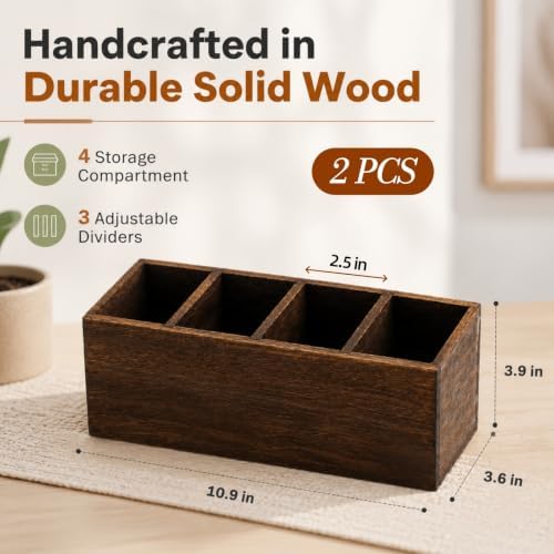 Dicunoy 2 Pack Wooden Pencil Holder for Desk, Rustic Wood Remote Control Holder Caddys, Retro Table Organizer with 4 Compartments for Art Supplies, Pen, Home, Office, School Classroom - Image 2