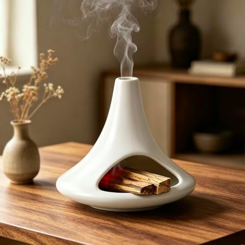 Ceramic Palo Santo Holder Matte White, Mini Chiminea Smudge Bowl Burner with Ash Catcher for Palo Santo Sticks, Incense Cones & Candles, Minimalist for Meditation, Yoga, Cleansing Ceremony, Handmade by Losneg
