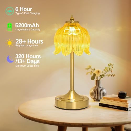 Cordless Table Lamp, Rechargeable Honey Gold Glass Lotus Flower Lamp - Image 4