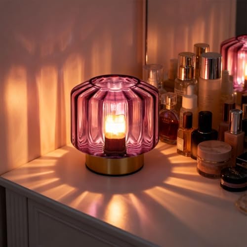 touch Table lamp Gold table lamps Mid Century Modern lamp nightstand lamp small vintage desk lamp metal table lamp with Purple Glass Ribbed shade Bedside table light for end table Bedroom Living Room - Image 6