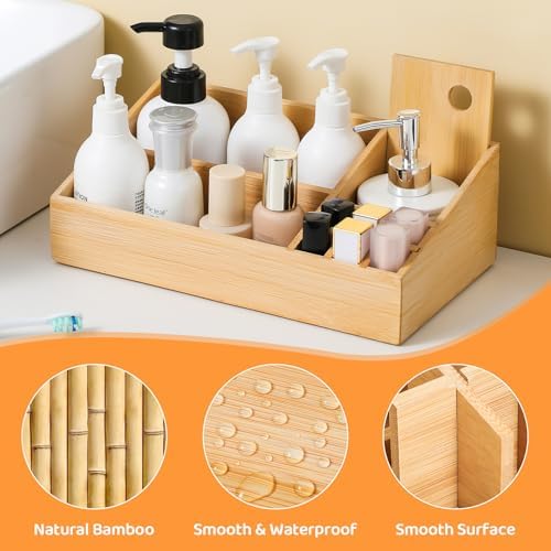 Bamboo Makeup Desk Organizer, Makeup Storage Organization Table Box, Suitable for Desk Organizer and Storage Dressing Table, Bathroom Desk, Counter - Image 3
