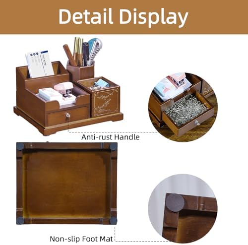 Bamboo Desk Organizer with Drawer, Wood Pen Holder & Card Slot, Brown - Image 7