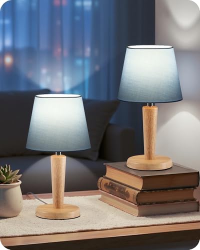 12" Wood Bedside Table Lamps Set of 2, Small Desk Lamps for Small Places, 3 Color Temperatures with Memory, Blue Linen Shade & E26 Bulbs, for Bedroom Living Room Office MU13TLP205 by GOEBLESON